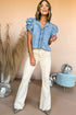Button Front Ruffled Flutter Frayed Denim Top